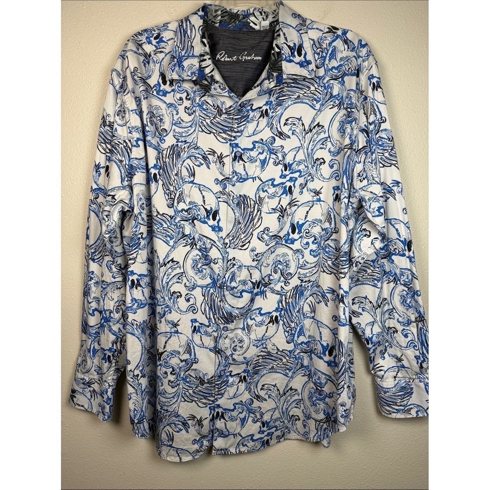 Robert Graham Skull Print Button Up Shirt 2XLT XXLT Tall‎ Blue Flip Cuff Stretch